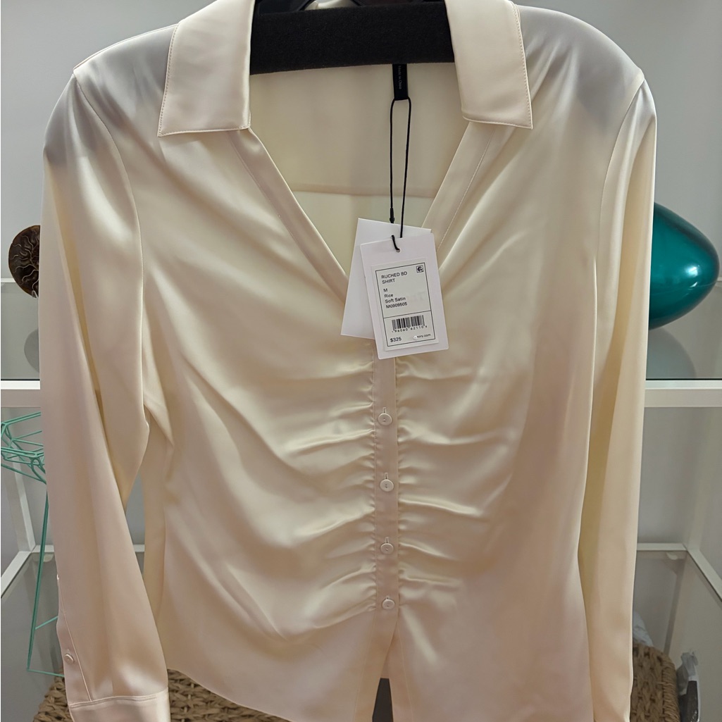 Theory Satin Ruched Button-Front Blouse - Cream